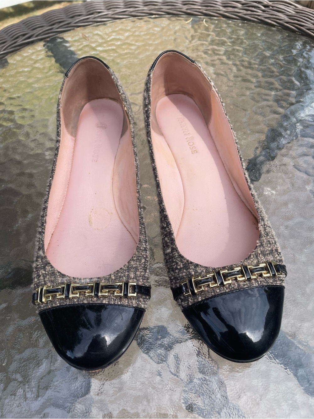 Taryn Rose Tweed Ballet Flats with Black Patent Cap Toe & Golden Chain